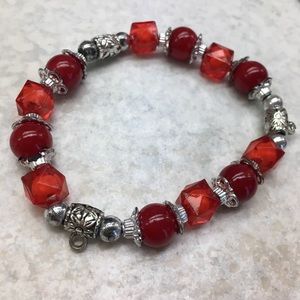 Red Beaded Charm Bracelet, Silver Floral